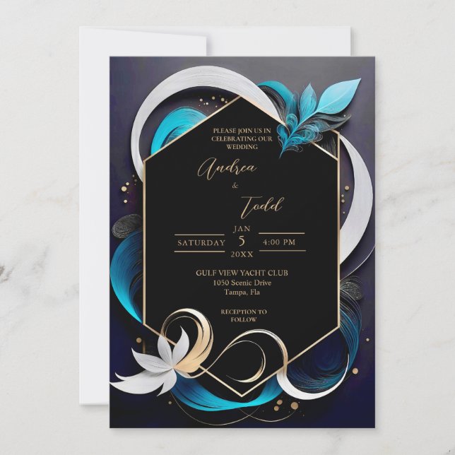 Invitation Abstrait moderne élégant turquoise, blanc, mariage (Devant)