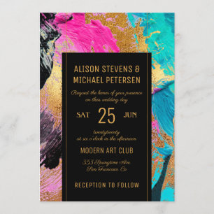 Invitation Abstrait moderne peinture écriture or mariage fonc