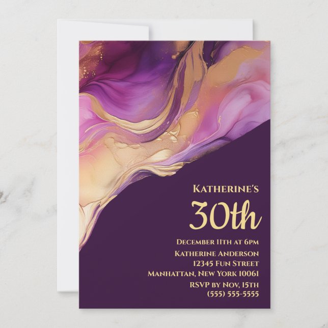 Invitation Abstrait moderne rose violet et or (Devant)