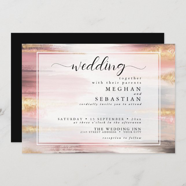 Invitation Abstrait Paint Strokes Blush Gold Charcoal (Devant / Derrière)