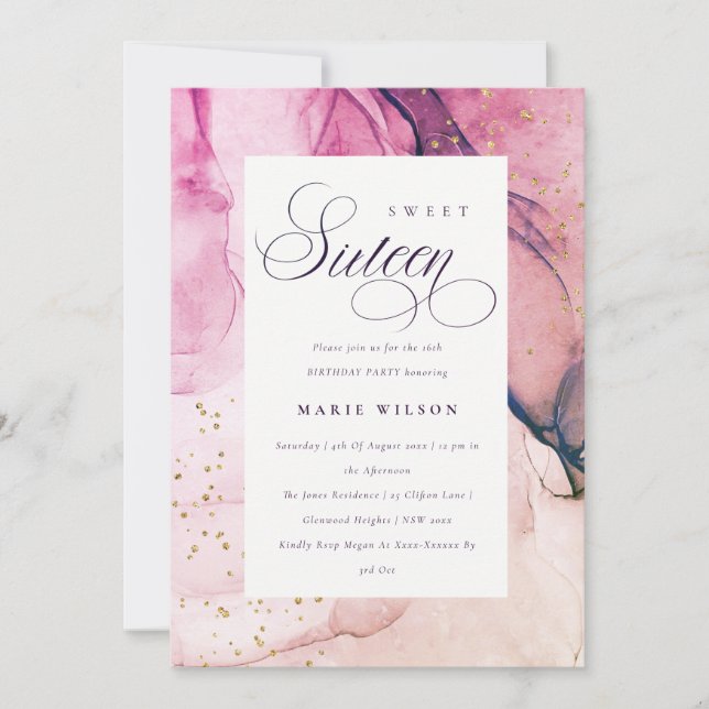 Invitation Abstrait Pastel rose violet marine douce 16 Annive (Devant)