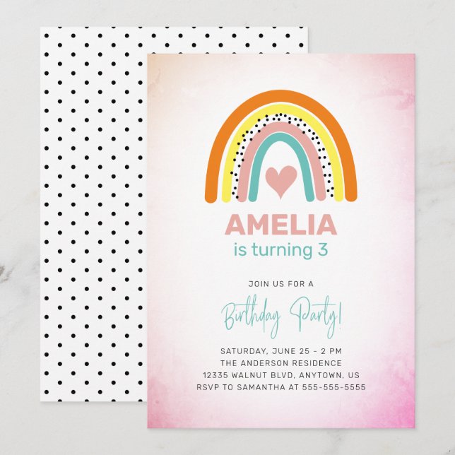 Invitation Abstraite Rainbow Girls 3ème anniversaire (Devant / Derrière)