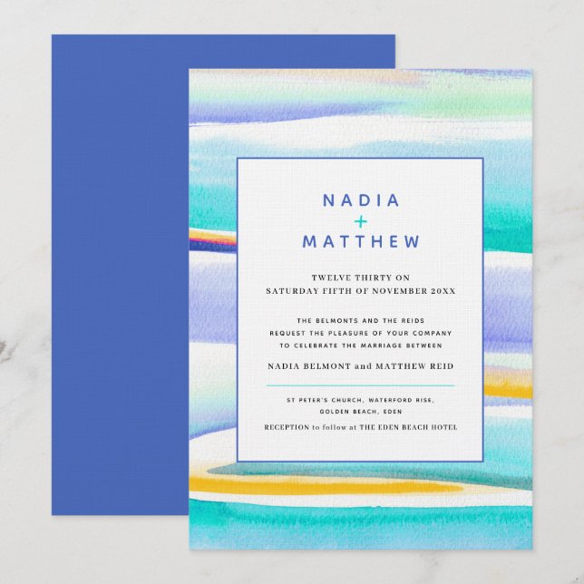 Invitation Abstraites marées tropicales bleu jaune mariage (Devant / Derrière)