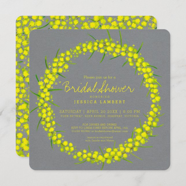 Invitation Acacia jaune gris fleurs douche nuptiale (Devant / Derrière)