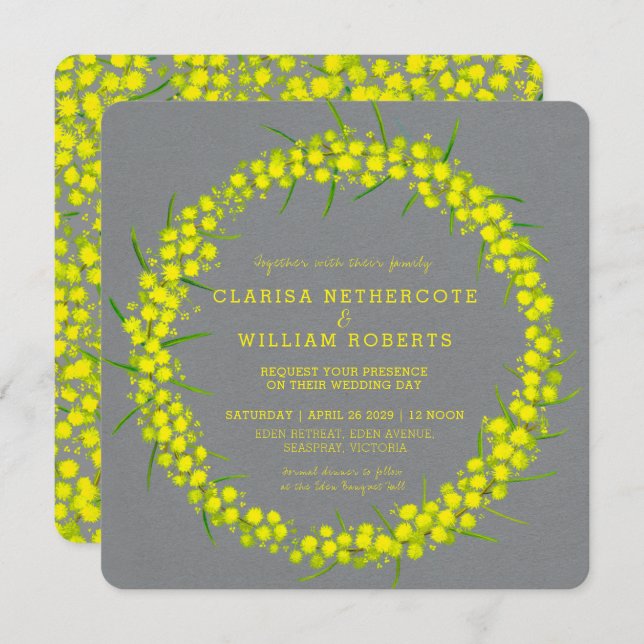 Invitation Acacia wattle art floral jaune gris mariage (Devant / Derrière)