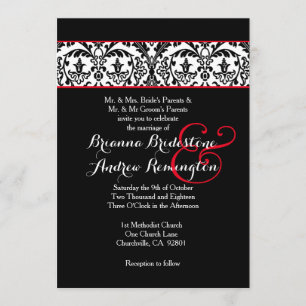 Invitation Accents rouges de damassé noire et blanche