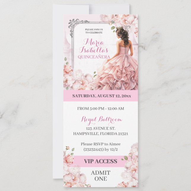 Invitation Accès VIP rose Mis Quinceanera (Devant)