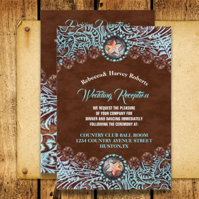 Invitation accueil de mariage à l'ouest du pays brun turquois (turquoise brown country western wedding reception invitation)