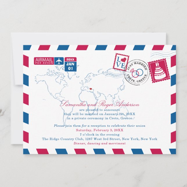 Invitation Accueil de mariage par courrier aérien de Grèce ro (Devant)
