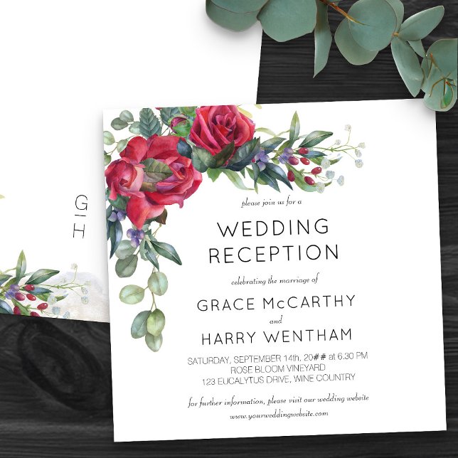 Invitation Accueil de mariage Rose rouge et Eucalyptus unique (Wedding Reception only invitation with romantic red roses - Red Rose & Eucalyptus Wedding Collection)
