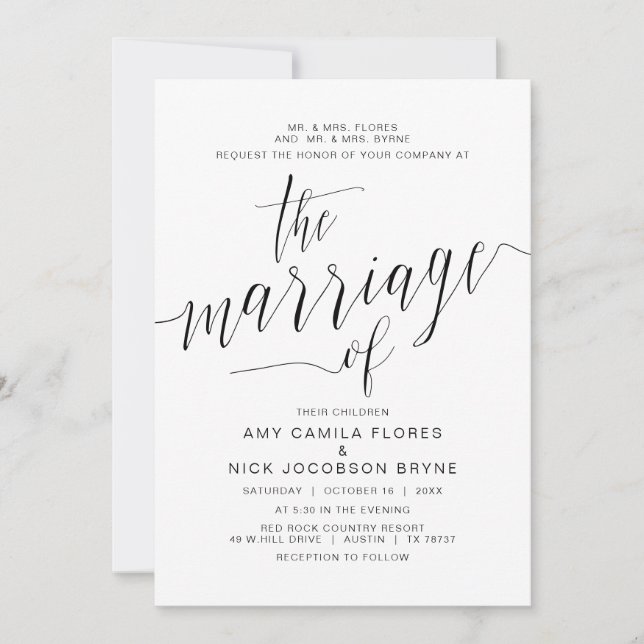 Invitation Accueil de parents, Calligraphie Noire, Mariage (Devant)