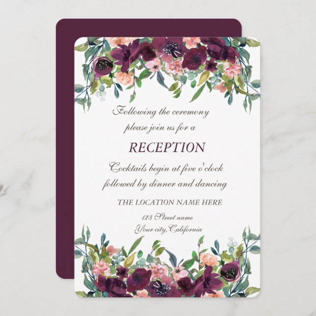 Invitation Accueil Mariage Fleurs Bourgogne Chic (Devant / Derrière)
