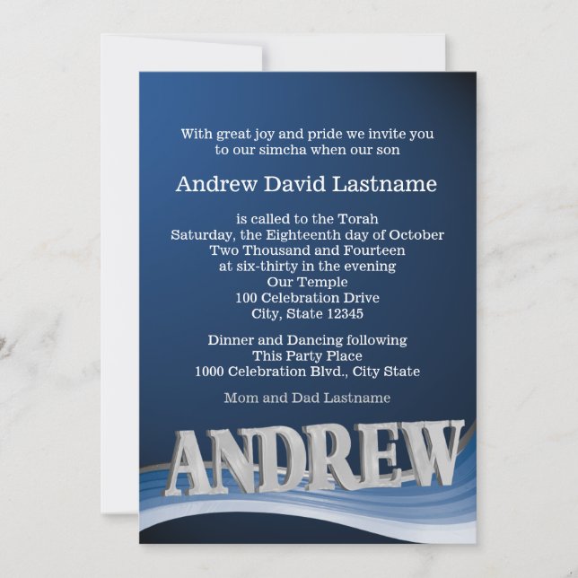 Invitation Acier Blue Wave Nom Barre Mitzvah (Devant)