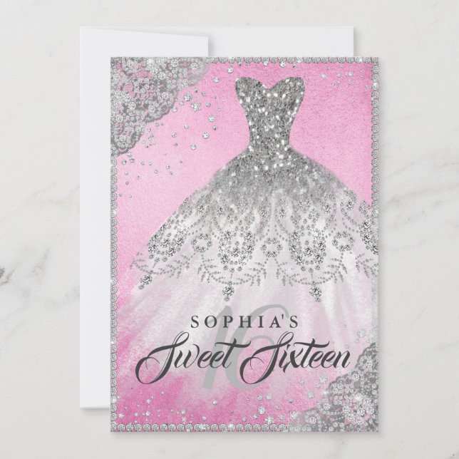 Invitation Acier rose Diamant Étincelle Gown Sweet 16 (Devant)