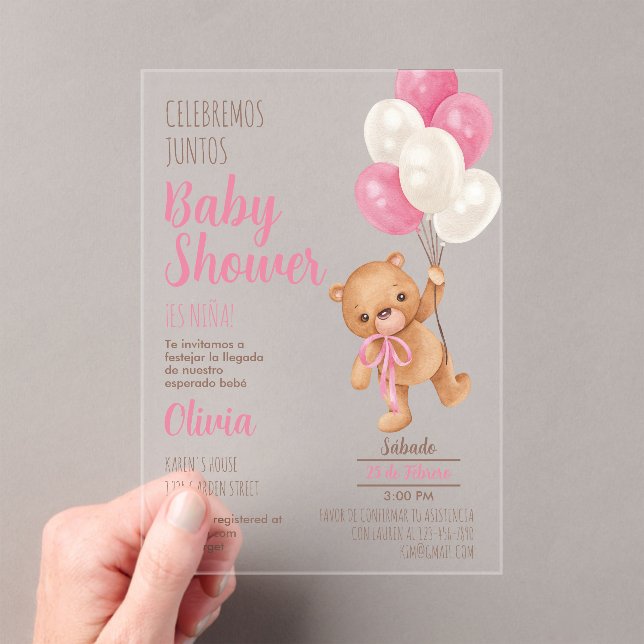 Invitation Acrylique Baby shower Fille Ours Teddy (In situ (ordinateur de poche))