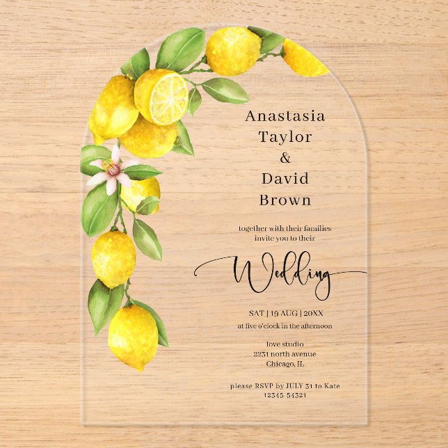 Invitation Acrylique Mariage de citron jaune (Recto)