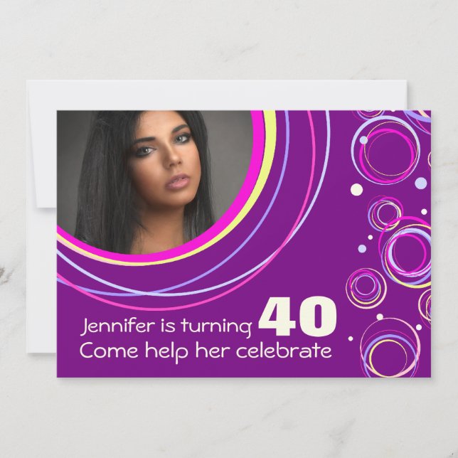 Invitation Add your photo funky 40th birthday invite purple (Devant)