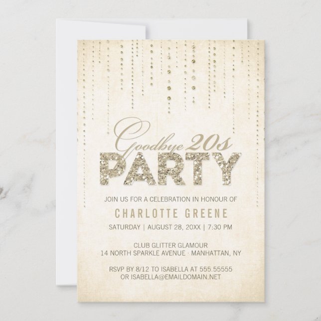 Invitation Adieu 20s Parties scintillant d'or 30e anniversair (Devant)