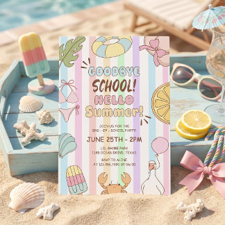 Invitation Adieu école Bonjour Fête d'été Rayures