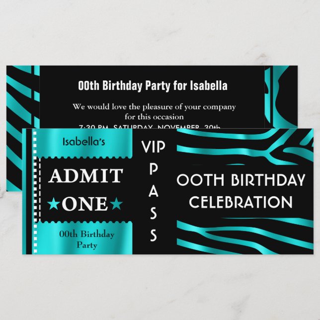 Invitation Admission Anniversaire Zebra Turquoise Blue Black (Devant / Derrière)