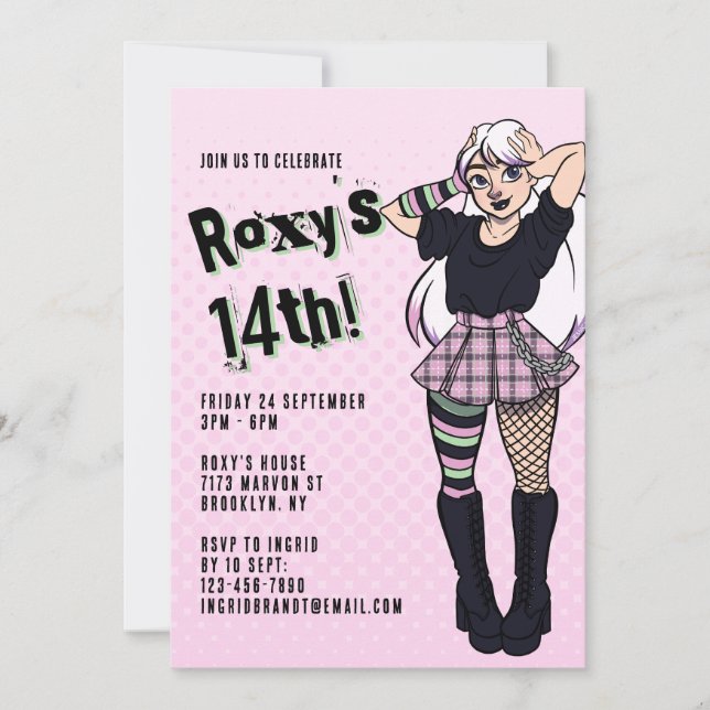 Invitation Ado fille Pink Cartoon Punk 14e anniversaire (Devant)