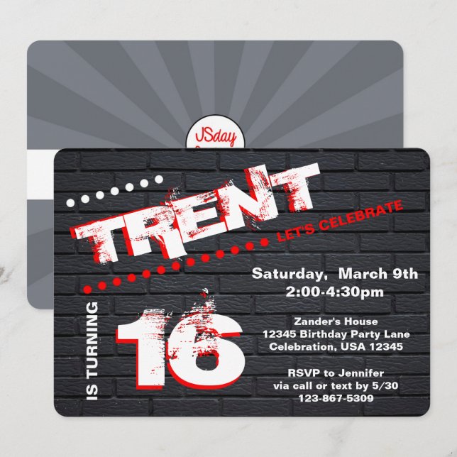 Invitation Ado/Tween Graffiti Brick Wall Anniversaire Boy Par (Devant / Derrière)