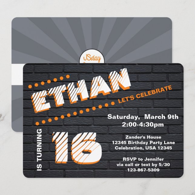 Invitation Ado/Tween Graffiti Brick Wall Anniversaire Boy Par (Devant / Derrière)
