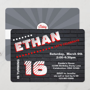 Invitation Ado/Tween Graffiti Brick Wall Anniversaire Boy Par