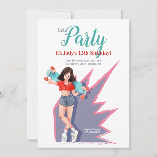 Invitation Adolescente à skateboard (Devant)