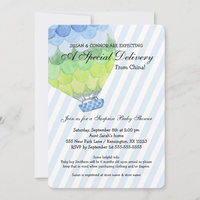 Invitation Adoption Boy Baby shower, montgolfière bleue (Devant)