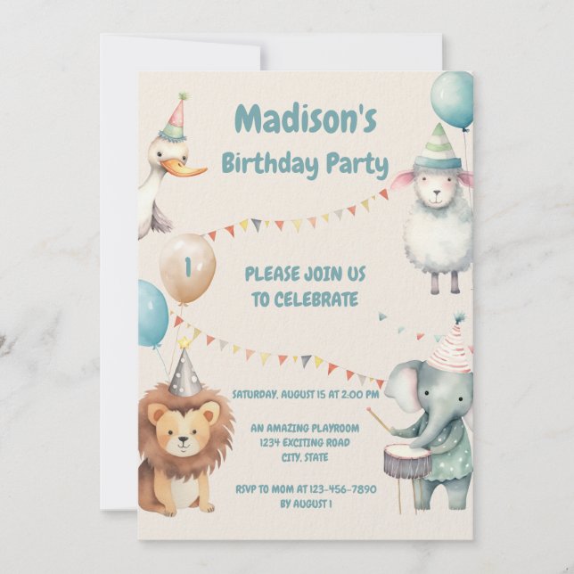 Invitation Adorable animal à thème 1er anniversaire Invitatio (Devant)