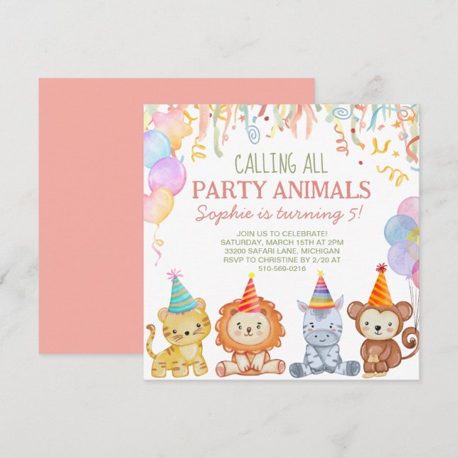 Invitation Adorable Animaux de fête Peach Pink Safari Anniver (Devant / Derrière)