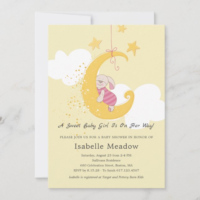 Invitation Adorable Baby Girl Rabbit Stars Lune Baby shower (Devant)