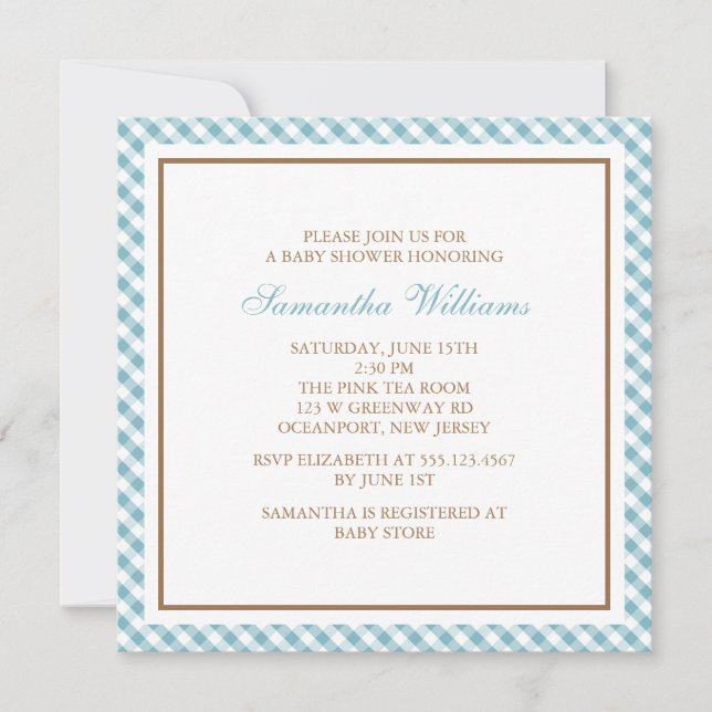 Invitation Adorable Baby shower bleu clair En vichy (Devant)