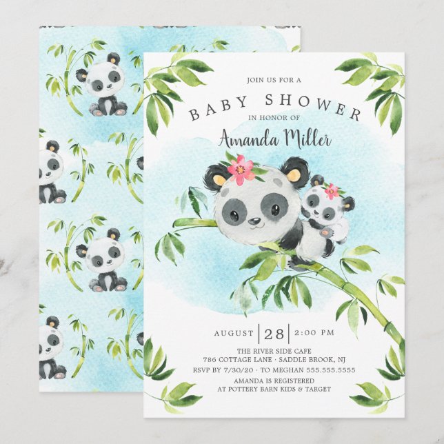 Invitation Adorable Baby shower des filles d'ours de panda (Devant / Derrière)