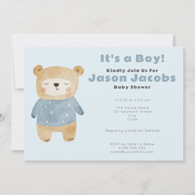 Invitation Adorable Baby shower d'ours en peluche bleu "c'est (Devant)