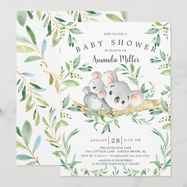 Invitation Adorable Baby shower d'ours Koala (Devant / Derrière)