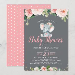 Invitation adorable baby shower fleuri rose éléphant