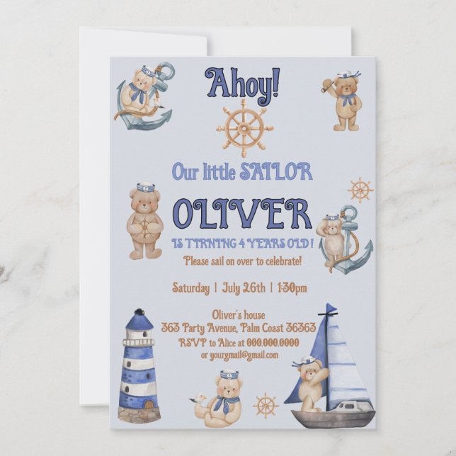 Invitation Adorable bateau bleu marine Teddy Bear anniversair (Devant)
