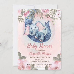 Invitation adorable bébé éléphant Baby shower floral