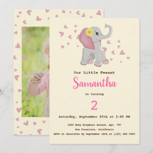 Invitation Adorable Bébé mignon Eléphant rose et gris Anniver