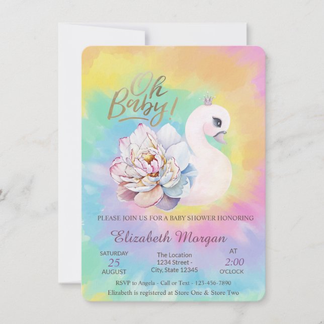 Invitation Adorable bébé Swan Tie Dye Baby shower (Devant)