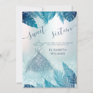 Invitation Adorable bleu tropical feuille parties scintillant