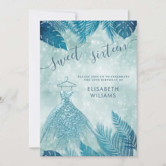 Invitation adorable bleu tropical feuilles bokeh doux 16 invi (Devant)