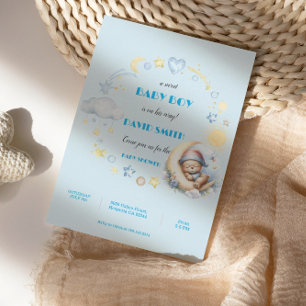 Invitation Adorable Blue Stars et Lune Sleepy Teddy Bear