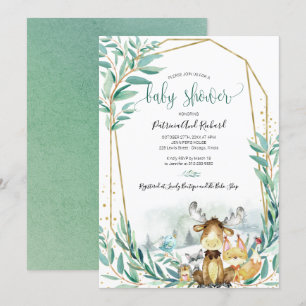 Invitation Adorable Bois Animaux Baby shower verdoyant