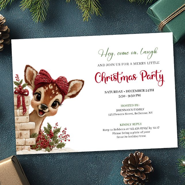 Invitation Adorable Christmas baby deer peeking party invite (Elegant Funny Baby Reindeer Cartoon Watercolor Invitation

)