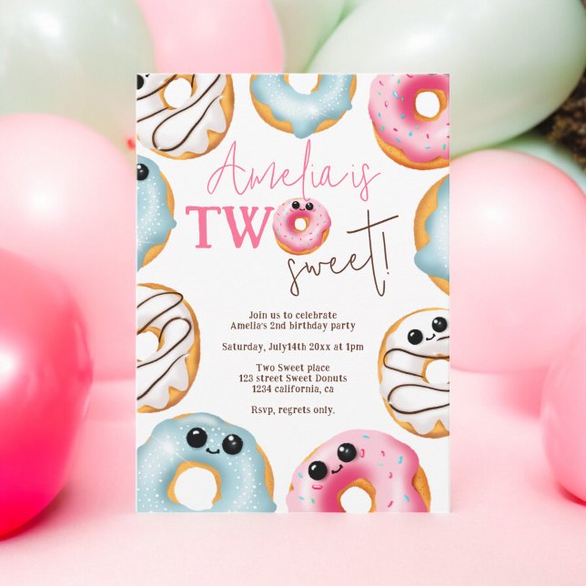 Invitation Adorable Deux doux beignets mignons 2e anniversair (Adorable Two sweet cute donuts 2nd birthday Invitation)