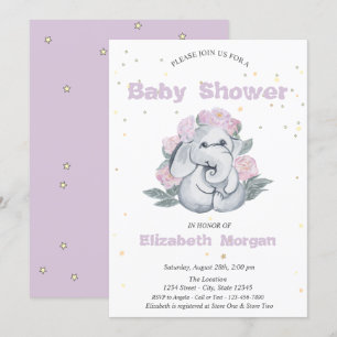 Invitation Adorable Eléphant, Baby shower Fleurs d'étoiles