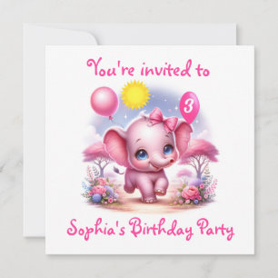 Invitation Adorable Eléphant d'anniversaire rose avec ballons
